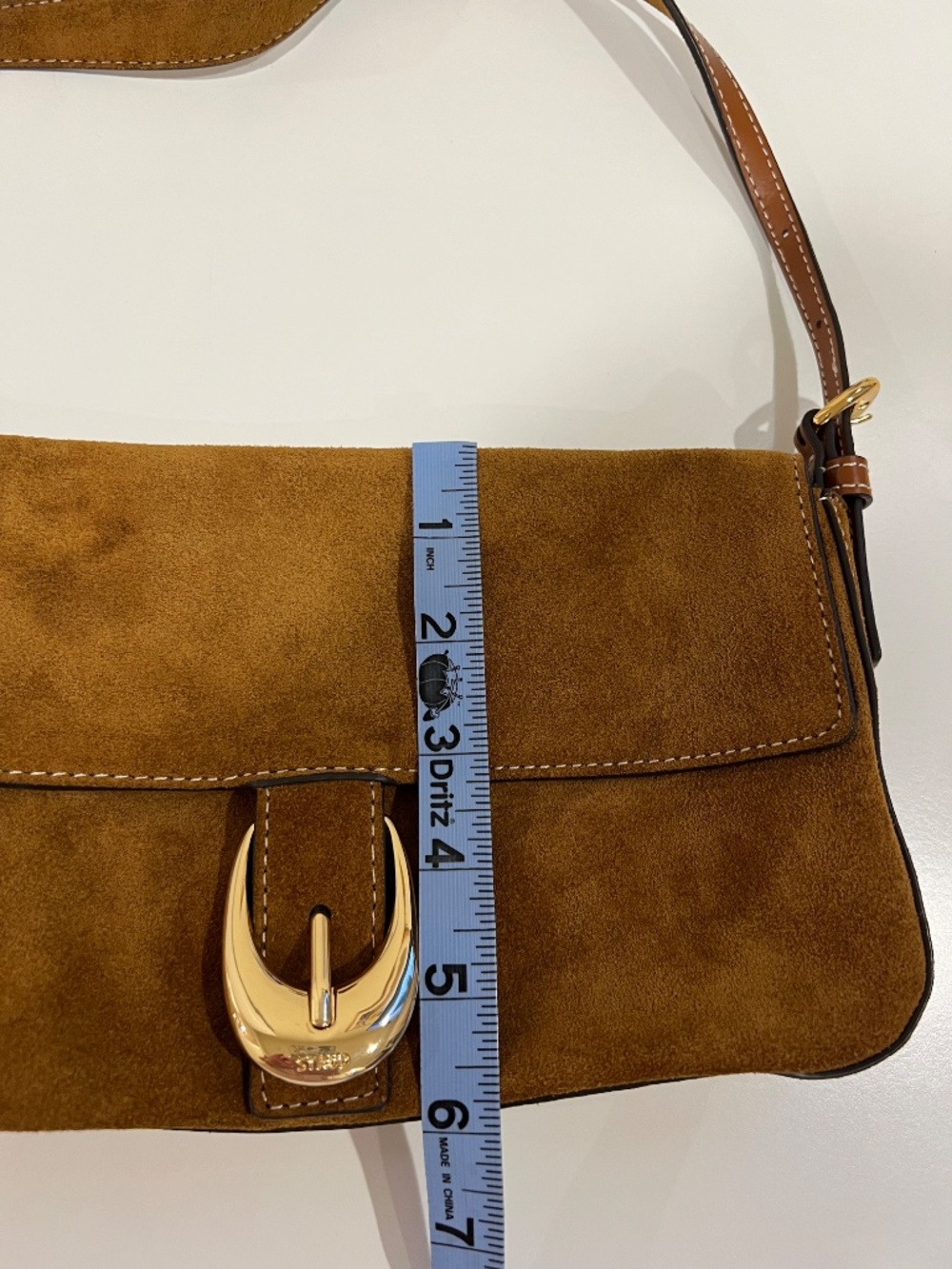 STAUD Harlow Buckle Shoulder Bag Tan Suede Gold Hardware Flap Purse - Picture 5 of 6